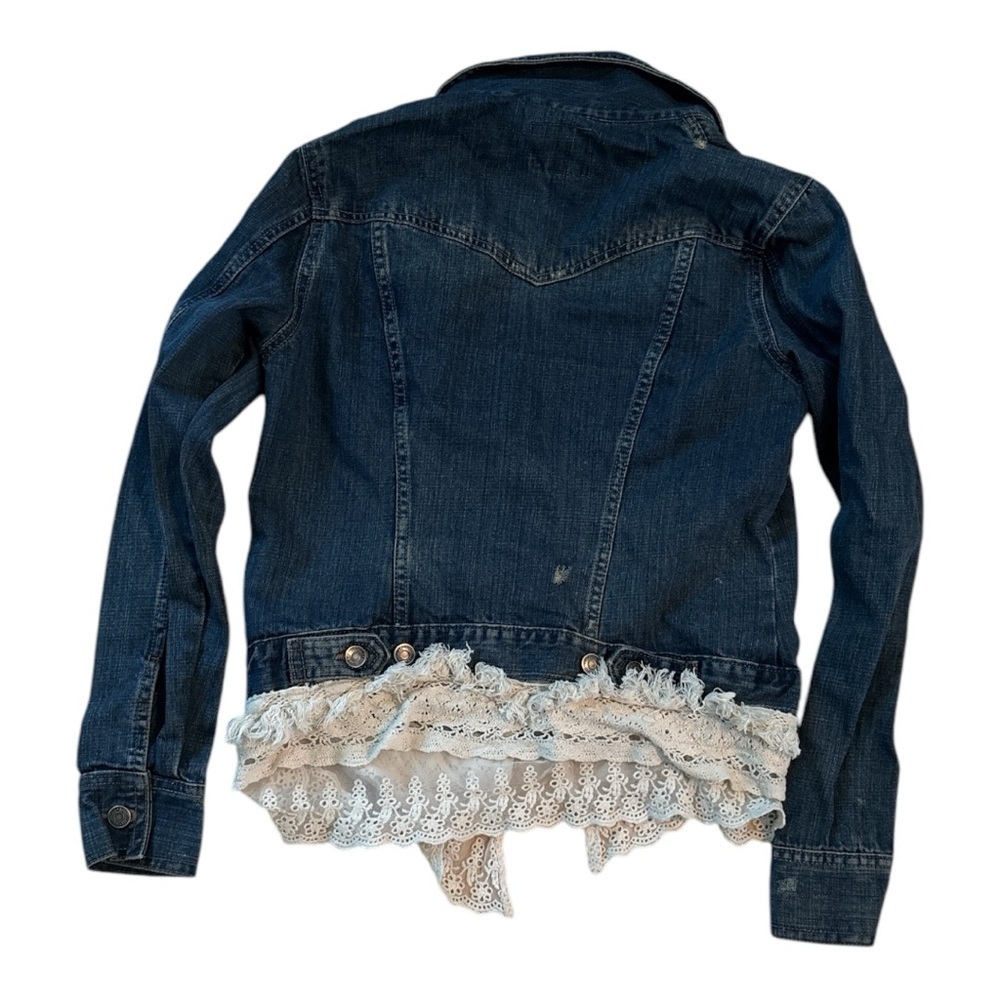 Aeropostale Blue Jean Jacket with Lace Fringe Trim Large Country, Western, Rodeo - Picture 3 of 3